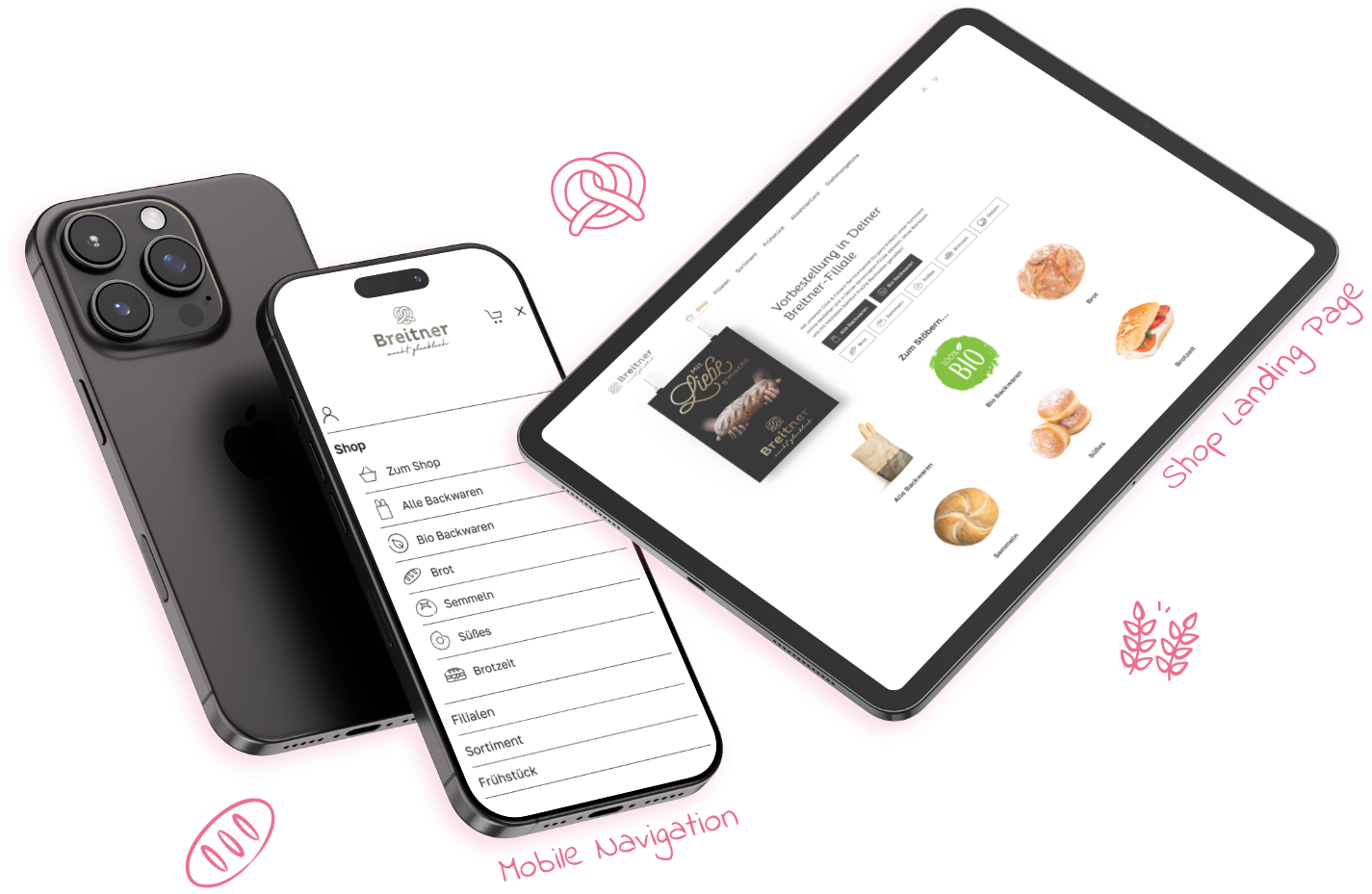 Tablet and phone mockups of the Bäckerei Breitner website, surrounded by illustrations of bread, a pretzel, and wheat.