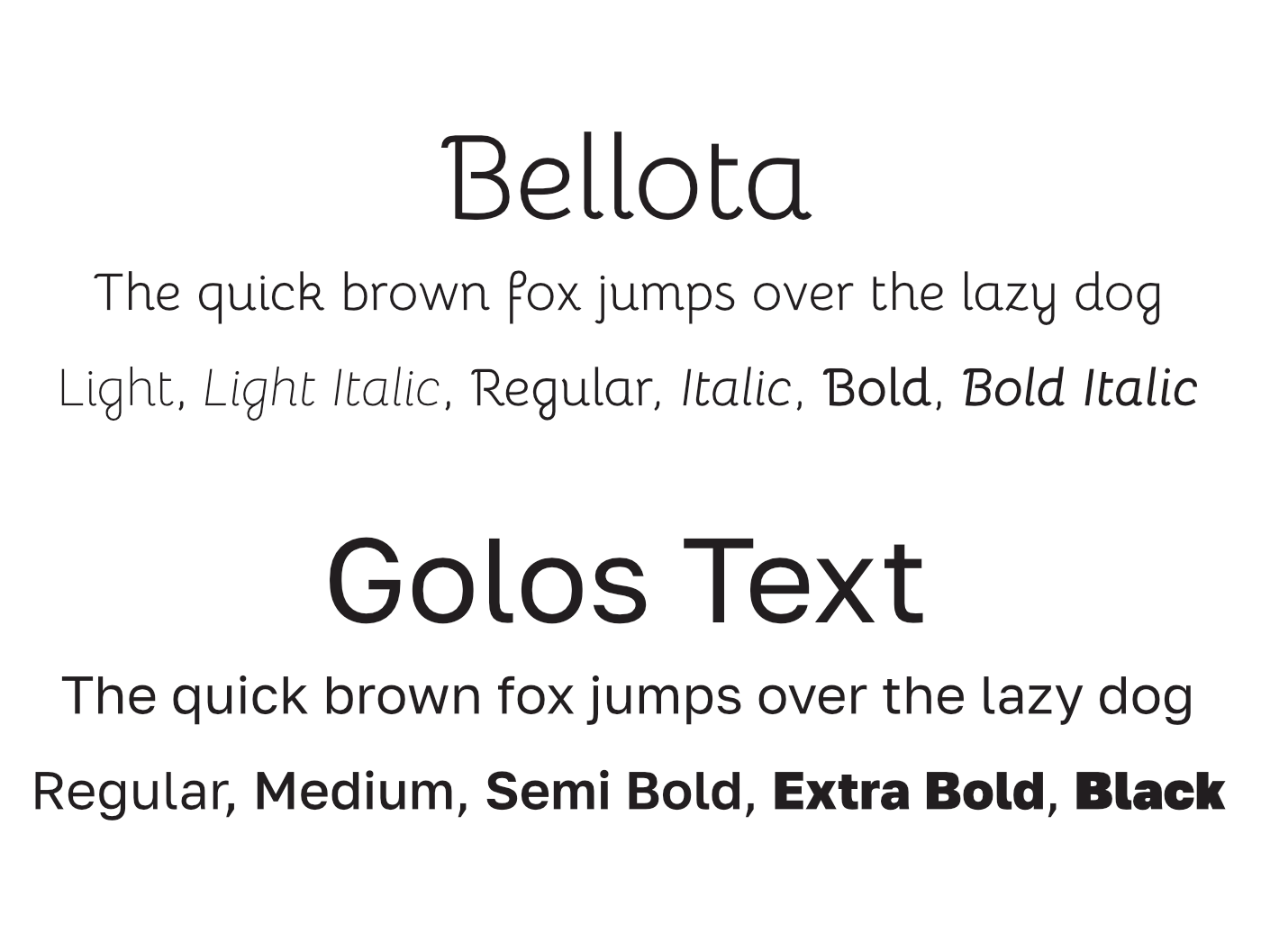 Font specimen comparing Bellota and Golos Text, with a sample sentence and examples of their styles and weights.
