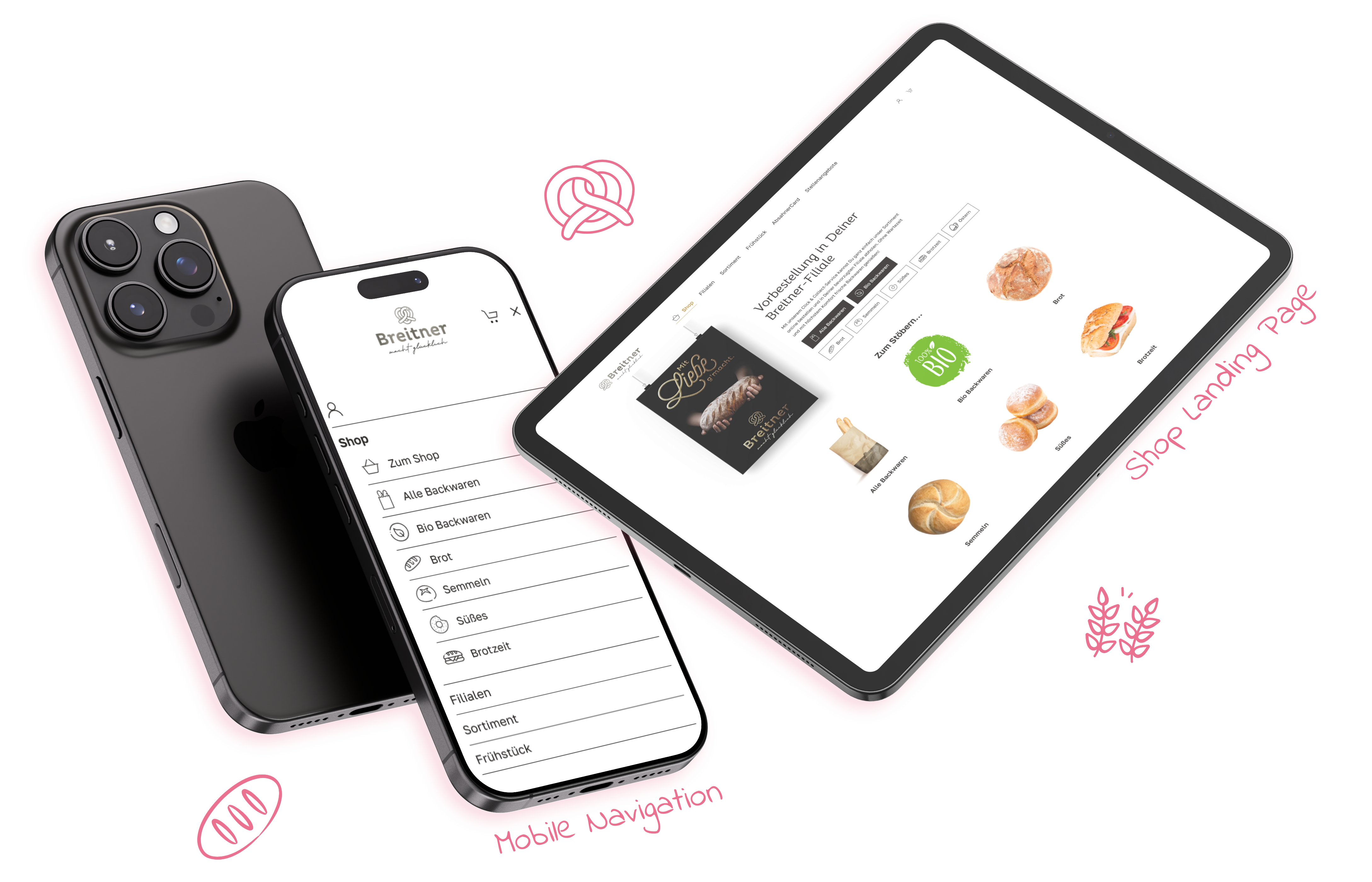 A mockup of the new bakery Breitner website, containing a phone and tablet. It shows the mobile navigation screen and the shop landing page. Around the mockup, there are visualizations of a pretzel, bread and wheat.