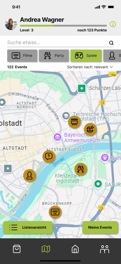 Kiwi map view centered on Ingolstadt, with event markers placed around the city and controls to switch to the list or view saved events.
