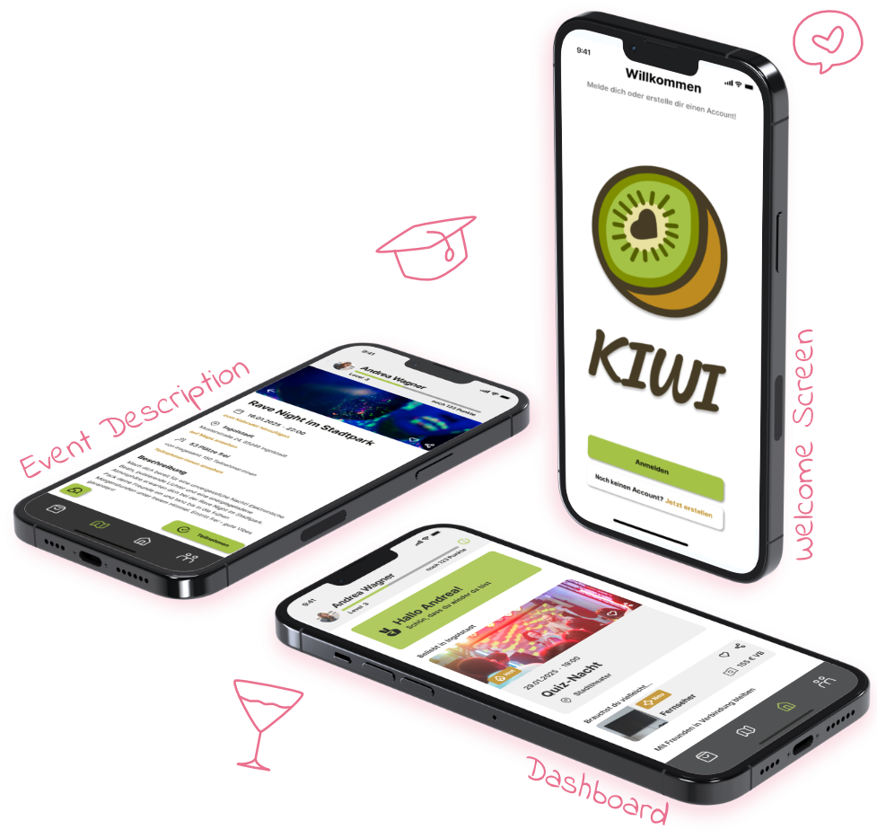 Three Kiwi app screens showing the welcome experience, dashboard, and event details, surrounded by student-life illustrations.