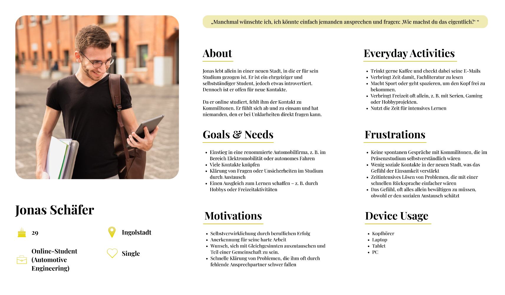 Persona board for Jonas Schäfer, an online automotive-engineering student in Ingolstadt, summarizing his daily life, goals, frustrations, motivations, and device use.
