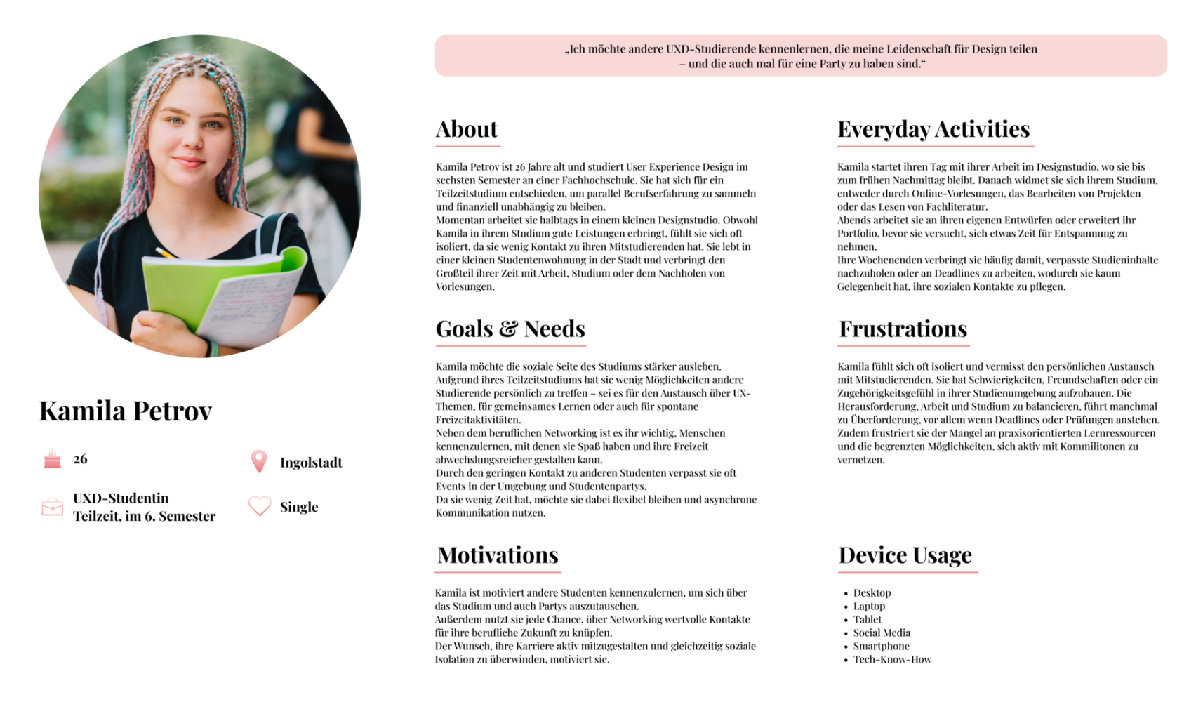 Persona board for Kamila Petrov, a 26-year-old part-time UX design student in Ingolstadt, summarizing her daily life, goals, frustrations, motivations, and device use.