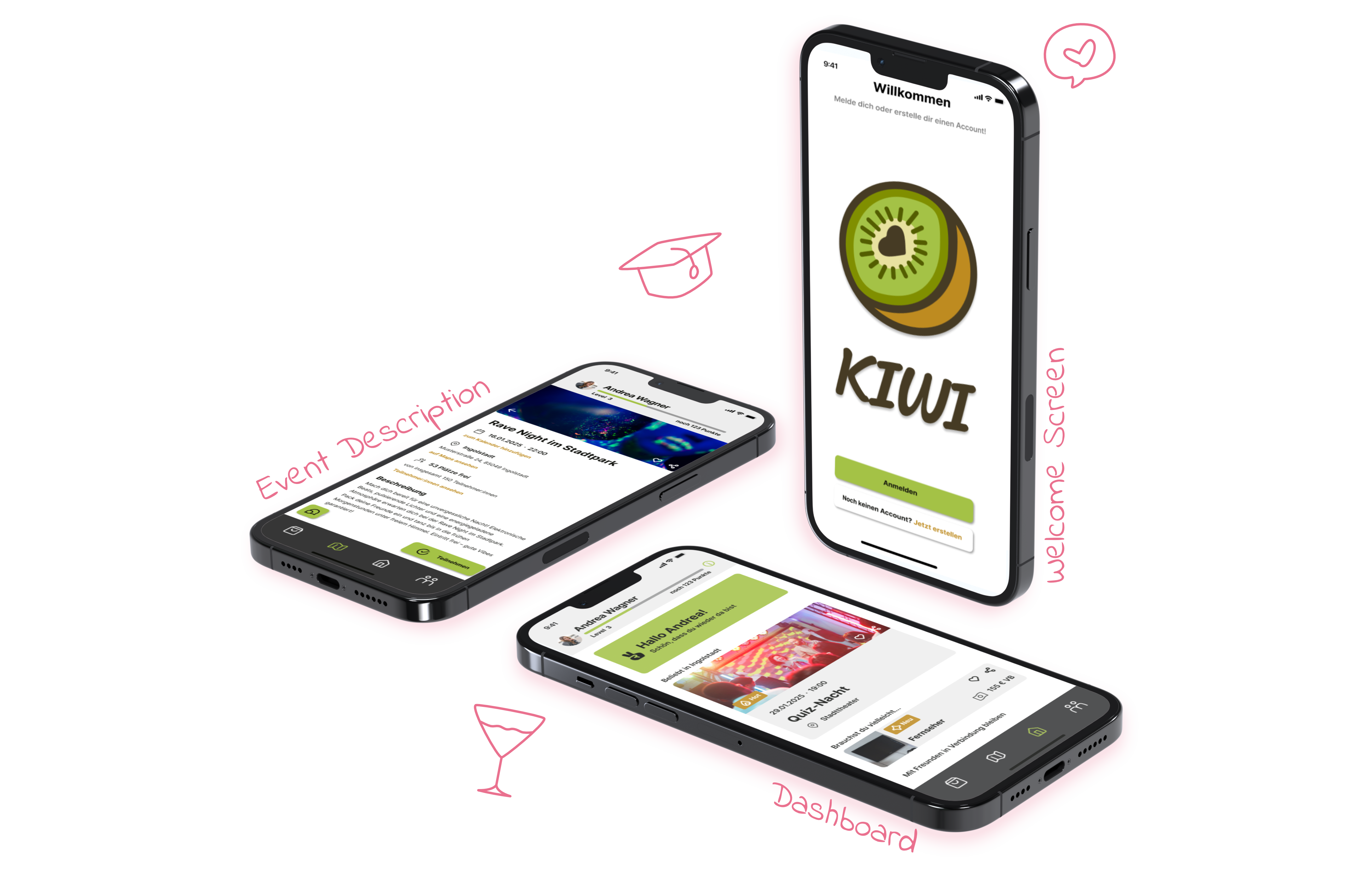A mockup of the Kiwi app, containing three phone screens. Two screens are laying on the ground, one is standing up. It shows the event description, welcome screen, and dashboard. Around the mockup, there are visualizations of a graduation cap, a speech bubble containing a heart, and a cocktail glass.