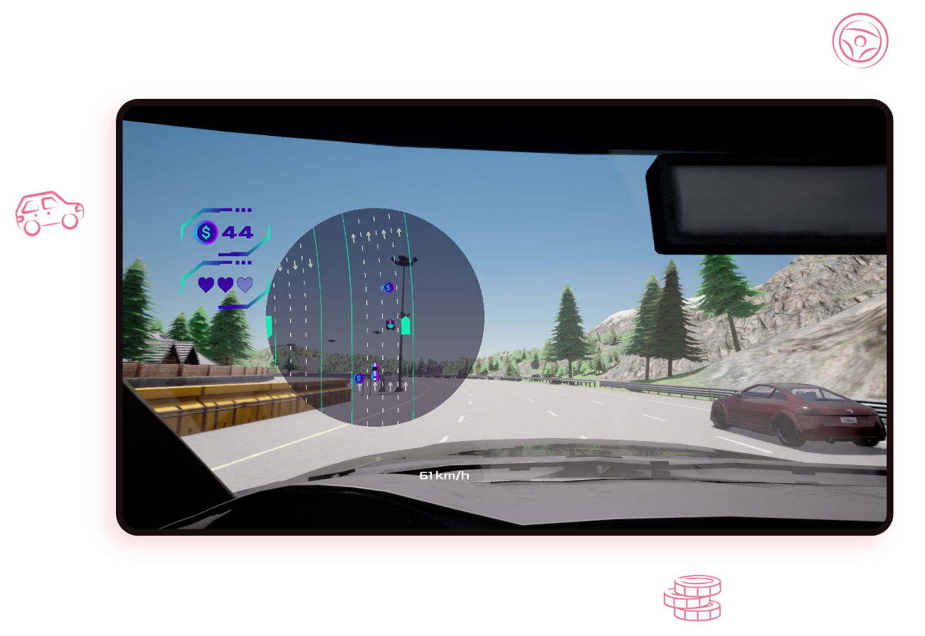 A screenshot of LaneRunner. It shows a simulated dashboard of a car, overlayed with the game. On the left, there is the coin amount of the player and the lifes, shown as hearts. In the center, there is a round view of the game, showing the lanes of the road with the surrounding vehicles. Infront of the player car is an avatar and coins. Around the mockup, there are visualizations of a steering wheel, a car, and coins.