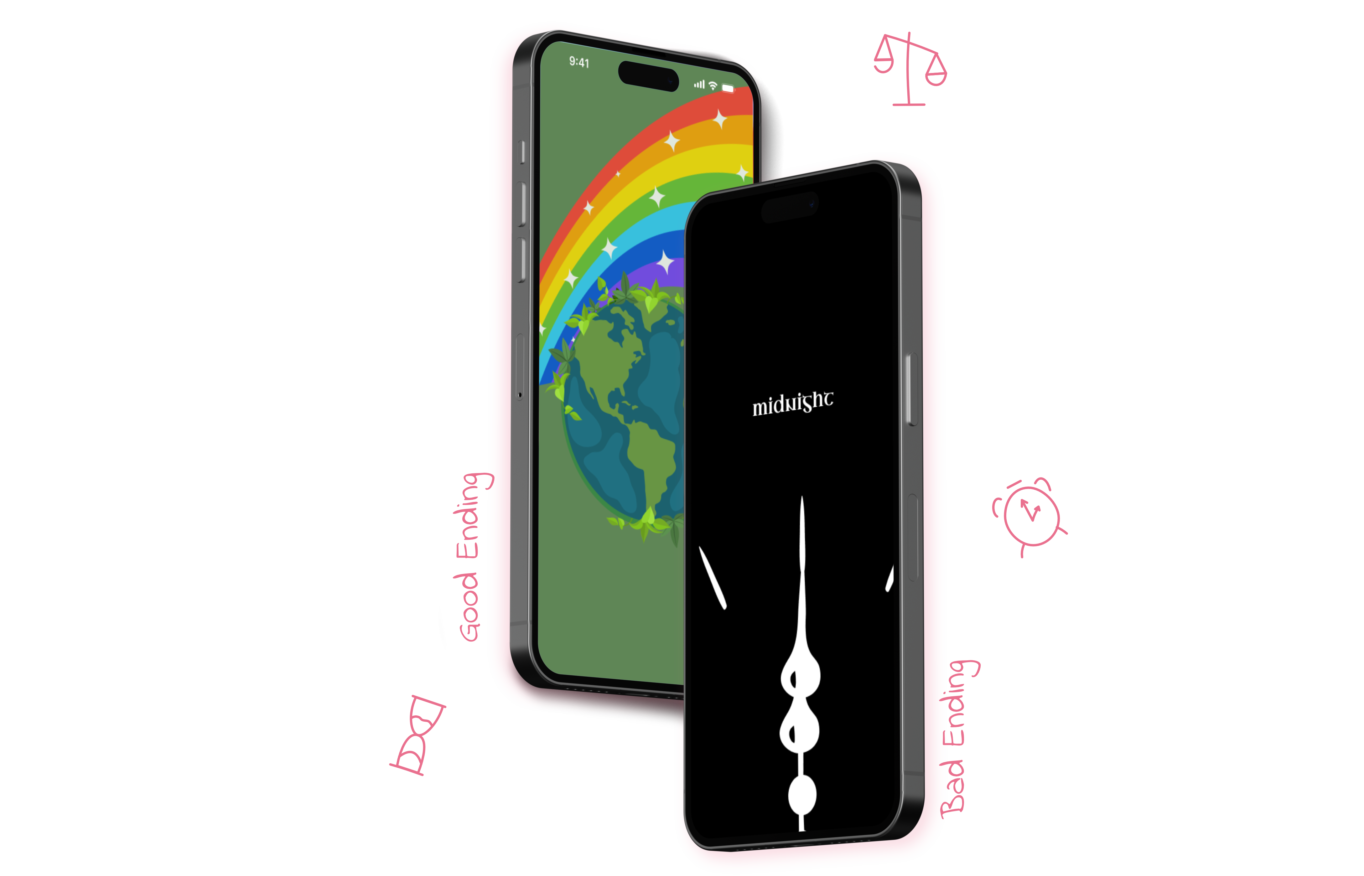 A mockup of the Midnight app, containing two phone screens. Three screens are standing side by side. One of the screens displays the good ending, containing the world with a rainbow. The other contains a simple black screen, with Midnight written on it and a clock at the bottom, representing the bad ending. Around the mockup, there are visualizations of a scale, alarm clock, and an hourglass.