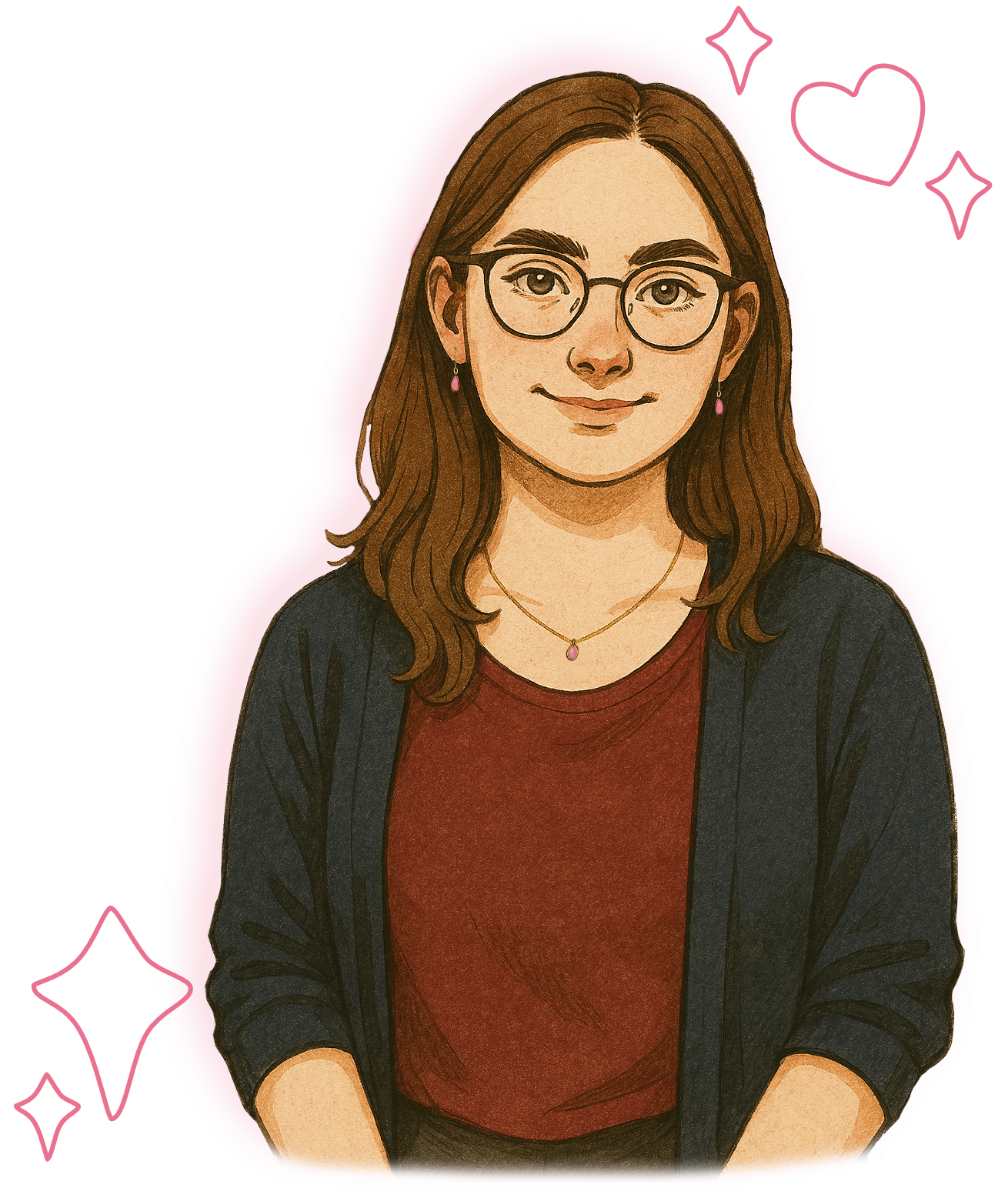 A watercolor style drawing of Laura Radetzky. She is wearing a red shirt and black cardigan, with brown pants. She is wearing a gold necklace with a pink gemstone, and gold earrings with pink gemstones. She has long brown hair and is wearing glasses.